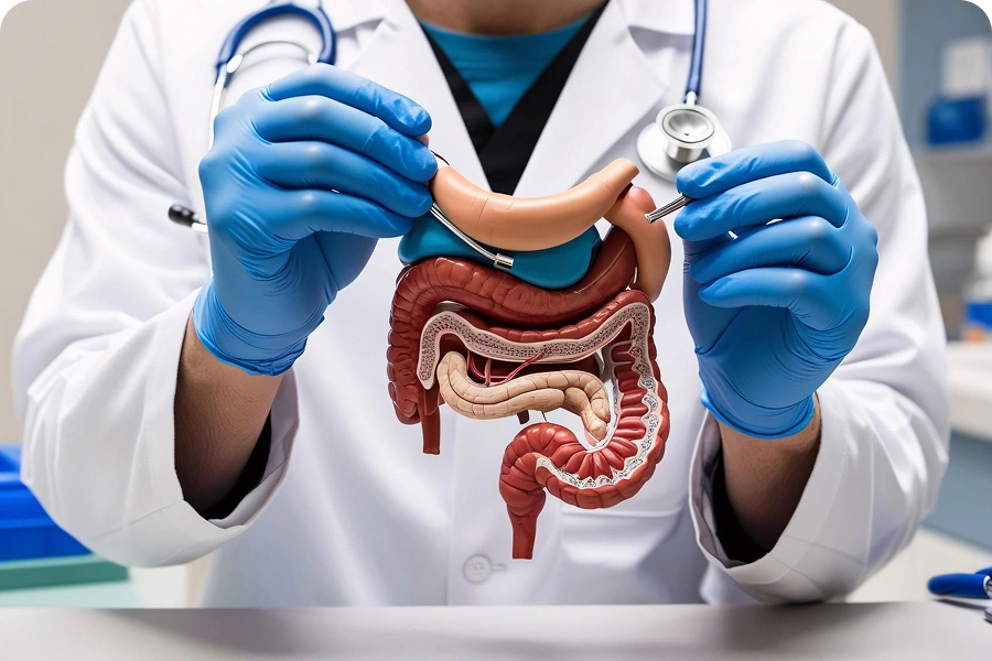 A doctor holding a large intestine anatomical model during a consultation.