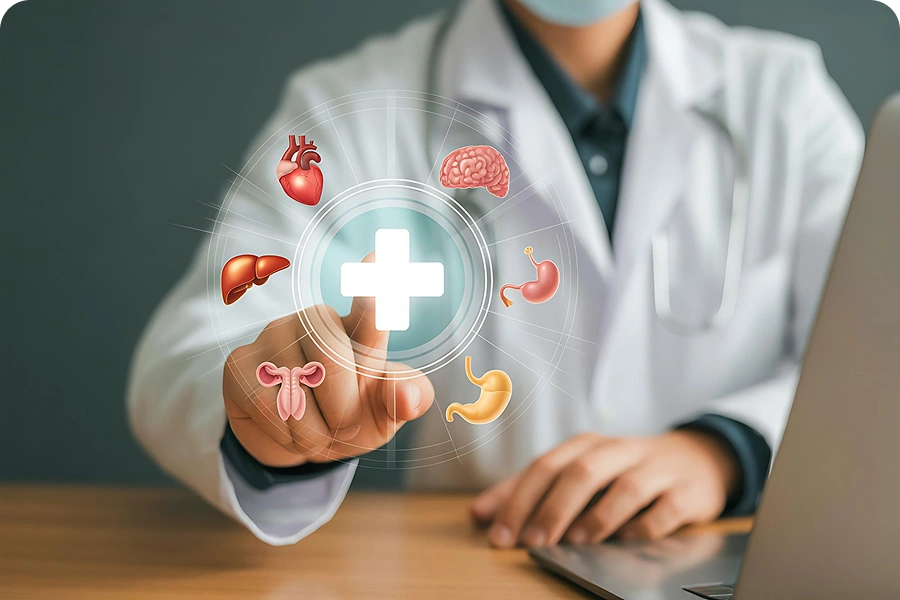 Internal medicine doctor presenting digital icons of healthcare services, diagnostics, and medical technology