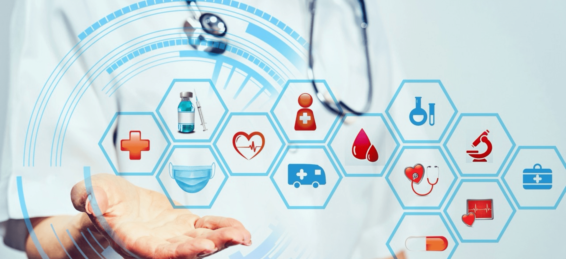 Internal medicine doctor presenting digital icons of healthcare services, diagnostics, and medical technology