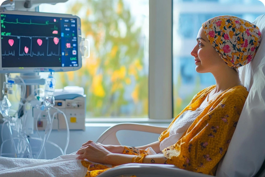 A cancer patient wearing a head scarf surrounded by a digital illustration of cancer cells.