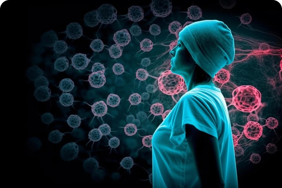 A cancer patient wearing a head scarf surrounded by a digital illustration of cancer cells.