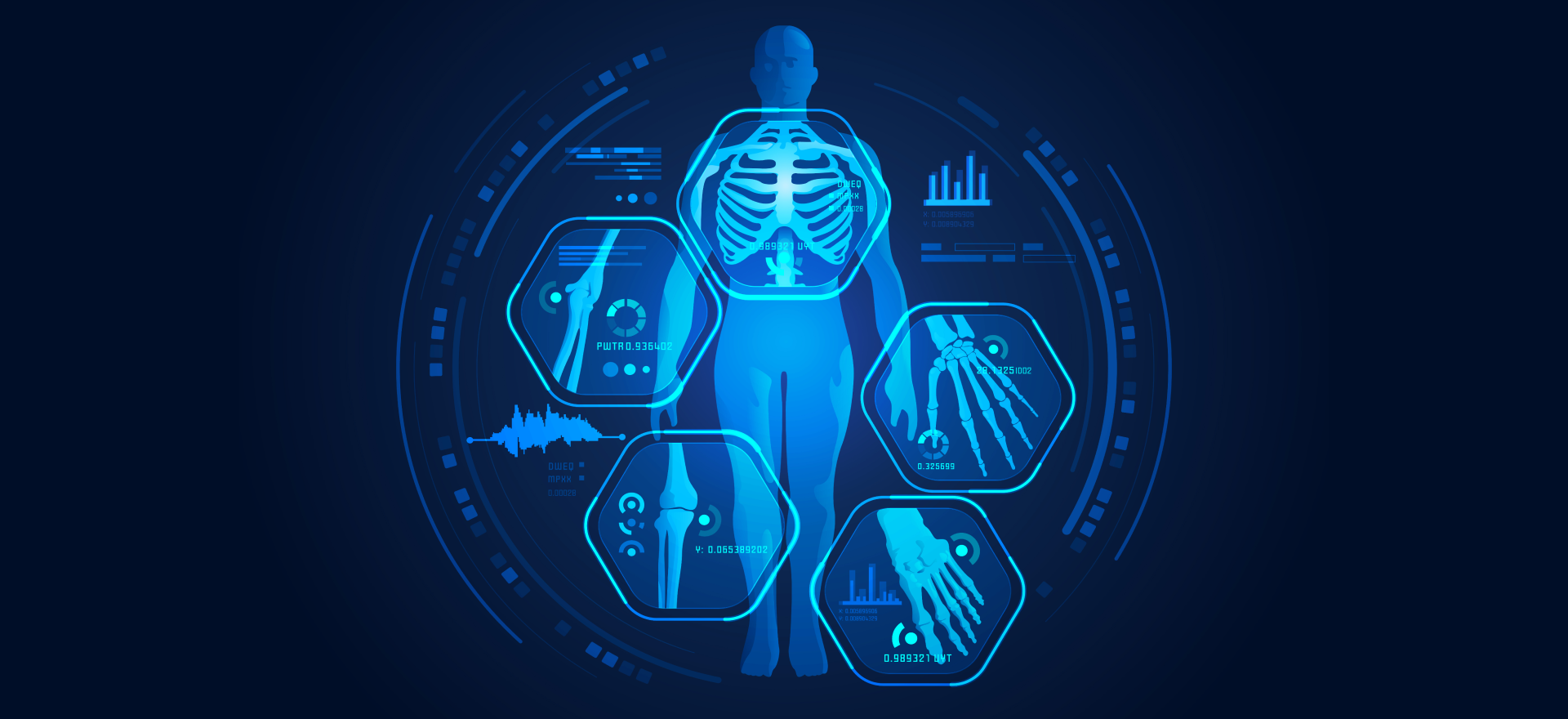 Futuristic medical interface showing skeletal scans and joint diagnostics, representing advanced Orthopedics & Arthroscopy technology