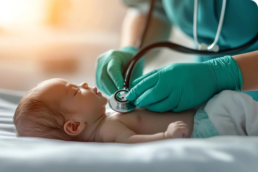 A doctor examining a baby with a stethoscope on an examination table.